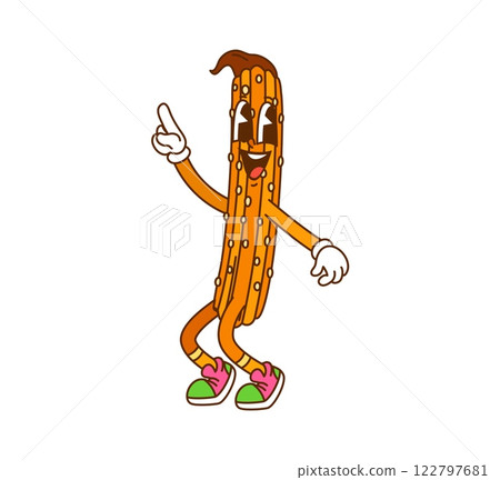 Retro cartoon groovy hippie churro as fast food with funny face, vector character. Groovy churro dessert with happy smile and chocolate hair dancing in hipster shoes as psychedelic fast food character 122797681