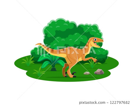 Cartoon dinosaur Velociraptor or prehistoric lizard in Jurassic park forest, vector dino character. Prehistoric funny dinosaur lizard of Velociraptor species for kids dino world or paleontology atlas Cartoon dinosaur Velociraptor or prehistoric lizard in Jurassic park forest, vector dino character. Prehistoric funny dinosaur lizard of Velociraptor species for kids dino world or paleontology atlas 122797682