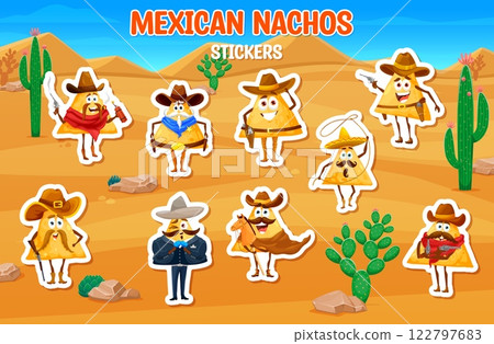 Cartoon nachos chips cowboy, ranger and bandits stickers. Wild West ranger Mexican nacho chips childish personages vector stickers. Texas cowboy or bandit Mexican crispy corn snack cartoon characters 122797683