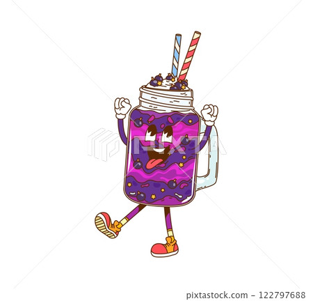 Groovy retro cartoon hippie dessert of fast food sweets with funny face, vector character. Groovy mousse in jar with psychedelic funky tongue out smile and freaky happy for hippie fast food character Groovy retro cartoon hippie dessert of fast food sweets with funny face, vector character. Groovy mousse in jar with psychedelic funky tongue out smile and freaky happy for hippie fast food character 122797688