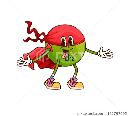 Cartoon groovy vitamin B12 superhero character. Isolated vector cyanocobalamin comics book retro personage in super hero mask and cape. Food supplement hippie defender ball on guard of health balance 122797695