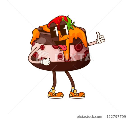 Cartoon groovy cake funny bakery and pastry character. Vector quirky biscuit dessert retro food personage with a ripe strawberry on top and caramel topping, exuding a sense of joy and playfulness 122797709