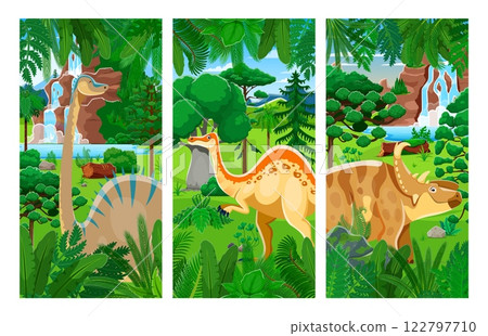 Cartoon prehistoric dinosaur characters, Jurassic lizards and reptiles, vector banners. Kids dino encyclopedia atlas or paleontology museum posters with cartoon prehistoric dinosaurs in jungle forest 122797710