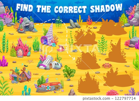 Kids game worksheet, find the correct shadow of fairytale underwater house buildings. picture shadow finding game, shape compare vector quiz or puzzle with sea shell, sunken boat and castle houses Kids game worksheet, find the correct shadow of fairytale underwater house buildings. picture shadow finding game, shape compare vector quiz or puzzle with sea shell, sunken boat and castle houses 122797714