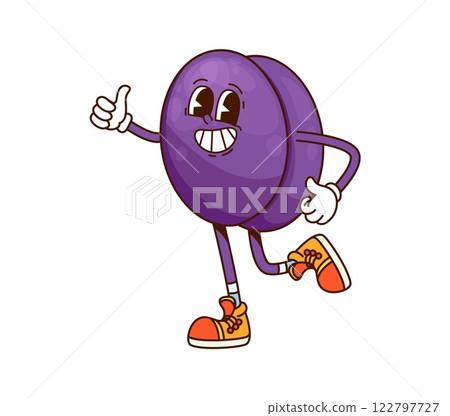 Cartoon funny groovy plum fruit character. Isolated vector ripe fruity personage wearing retro sneakers and gloves, cheerfully smiling and flashing thumbs up sign with a funky and quirky summer vibes Cartoon funny groovy plum fruit character. Isolated vector ripe fruity personage wearing retro sneakers and gloves, cheerfully smiling and flashing thumbs up sign with a funky and quirky summer vibes 122797727