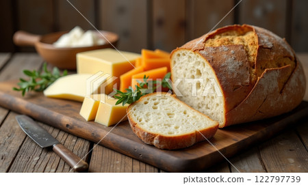Warm bread and cheese on a wooden surface 122797739