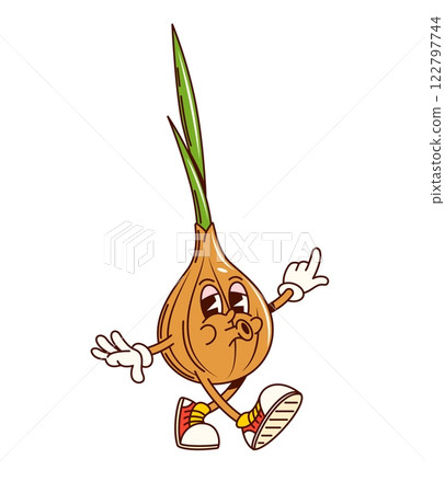 Groovy retro onion vegetable funny character. Farming market organic veggie retro funky isolated vector character, vegetarian food healthy onion vegetable funny groovy personage walking and whistling Groovy retro onion vegetable funny character. Farming market organic veggie retro funky isolated vector character, vegetarian food healthy onion vegetable funny groovy personage walking and whistling 122797744