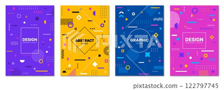 Abstract geometric memphis posters. Vector backgrounds with modern graphic pattern of line art abstract geometric shapes, color waves, dots and zigzags. Trendy minimal posters set in memphis style Abstract geometric memphis posters. Vector backgrounds with modern graphic pattern of line art abstract geometric shapes, color waves, dots and zigzags. Trendy minimal posters set in memphis style 122797745