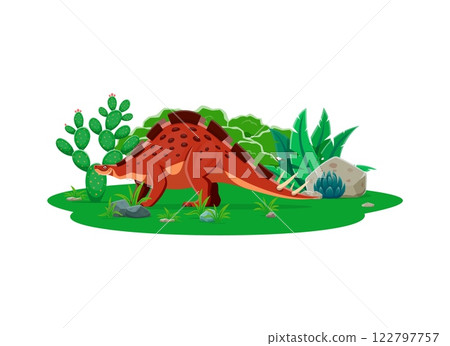 Wuerhosaurus prehistoric dinosaur character. Isolated cartoon vector genus of stegosaurian herbivore dino lizard standing beside cacti plants in a Early Cretaceous period prehistoric nature landscape 122797757