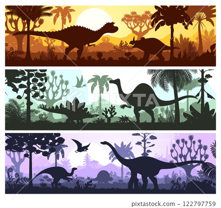Prehistoric landscape with dinosaurs silhouettes. Horizontal banners set of jurassic dino animals on vector background of jungle forest, mountains and sunset sky. Extinct dinosaur reptiles silhouettes 122797759