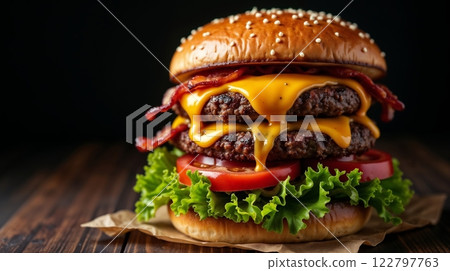 Tasty double cheeseburger with lettuce and tomato 122797763