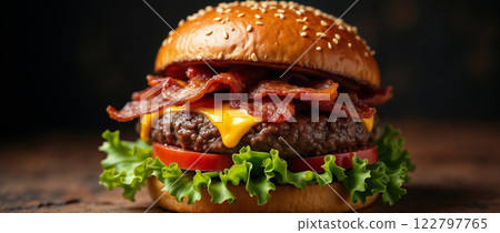 Bacon cheeseburger with lettuce, tomato, and sesame bun 122797765