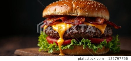 Cheeseburger with bacon and salad vegetables 122797766