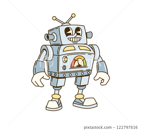 Cartoon groovy retro robot funny character. SCI FI retro droid cartoon isolated vector character. Boxy alien cyborg robot or heavy metal android funny personage with analog gauges and antennas Cartoon groovy retro robot funny character. SCI FI retro droid cartoon isolated vector character. Boxy alien cyborg robot or heavy metal android funny personage with analog gauges and antennas 122797816