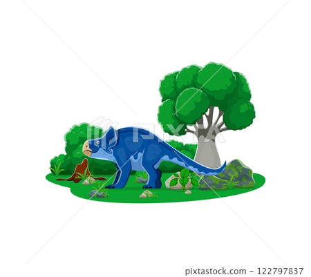 Protoceratops prehistoric dinosaur character amidst a landscape with green foliage, tree and rocks. Isolated cartoon vector dino with distinctive frill, standing in the ancient tropical environment 122797837