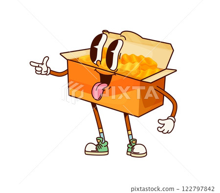 Fast food groovy chicken nuggets funny character. Takeaway cafe chicken nuggets cheerful personage, groovy isolated vector mascot. Street menu meat meal or fast food restaurant snack funny character 122797842