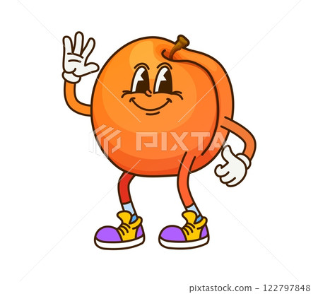 Cartoon groovy apricot fruit character on celebration party. Isolated vector ripe and funky retro personage with a big cheerful smile and playful y2k vibe, dressed hippie sneakers and friendly waving Cartoon groovy apricot fruit character on celebration party. Isolated vector ripe and funky retro personage with a big cheerful smile and playful y2k vibe, dressed hippie sneakers and friendly waving 122797848