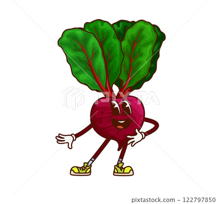 Groovy cartoon beet vegetable character on holiday party. Vegetarian food fresh vegetable isolated groovy vector cute character. Kids party ripe beetroot veggie funny mascot or cheerful personage 122797850