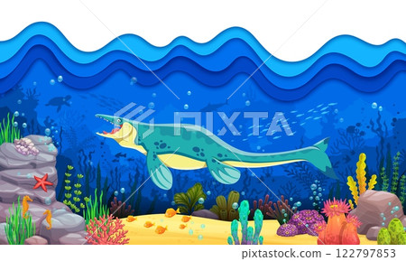 Cartoon underwater prehistoric dinosaur at paper cut waves and sea landscape. Prehistoric underwater life paper cut vector background with ocean extinct tylosaurus dinosaur, seaweeds and fishes 122797853