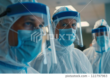Portrait of surgeon wearing scrubs and protective glasses in hospital operating theater. Neural network ai generated 122797963