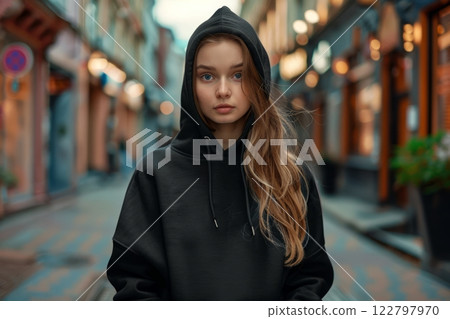 Young woman in hoodie on urban street at dusk. Neural network AI generated 122797970