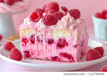 Raspberry cake slice on white plate in soft natural light. Neural network AI generated 122798048