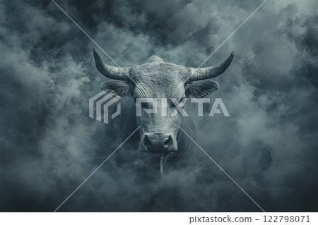 Majestic bull emerging from dense fog. Neural network AI generated 122798071