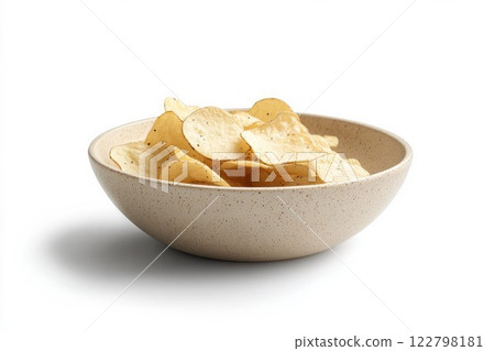Bowl of crispy potato chips on white background. Neural network AI generated 122798181