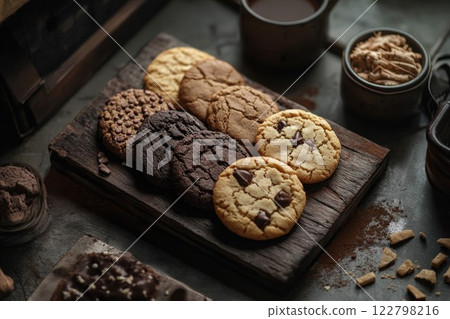 Rustic cookies on wooden plate in warm light. Neural network AI generated 122798216