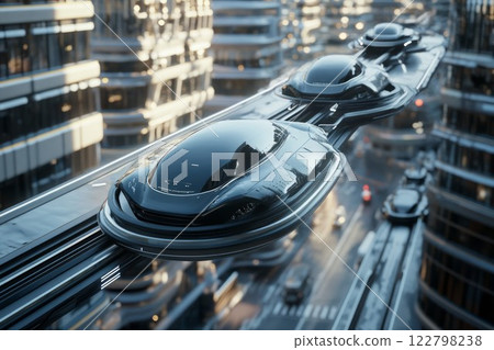 Futuristic flying cars in urban skyscraper environment. Neural network AI generated 122798238