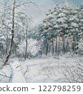 Winter landscape with a snowman, oil painting 122798259