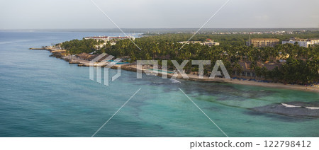 Drone view of a amazing sandy beach and Caribbean Sea Drone view of a amazing sandy beach and Caribbean Sea 122798412