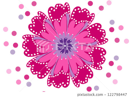 A vibrant pink flower design adorned with white polka dots, surrounded by colorful dots, creating a playful and cheerful aesthetic. A vibrant pink flower design adorned with white polka dots, surrounded by colorful dots, creating a playful and cheerful aesthetic. 122798447