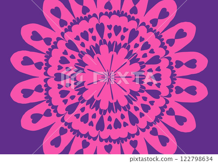 A striking mandala design featuring pink shapes with heart motifs against a deep purple background, creating a bold and romantic visual impact. A striking mandala design featuring pink shapes with heart motifs against a deep purple background, creating a bold and romantic visual impact. 122798634