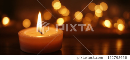 Lit candle with bokeh lights in the background 122798636