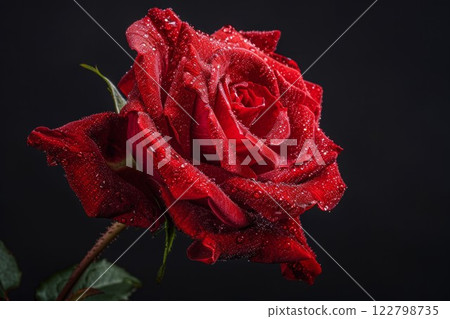 Dew-kissed red rose in moody lighting. Neural network AI generated 122798735