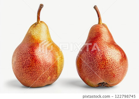 Two pears on white background highlighting texture. Neural network AI generated 122798745