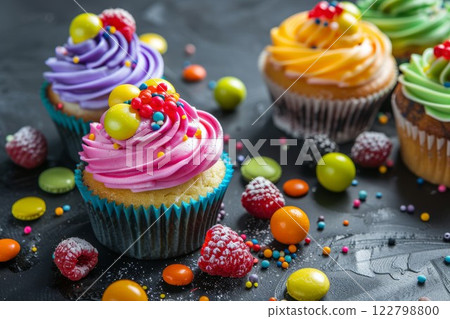 Assorted cupcakes with berry toppings display. Neural network AI generated 122798800