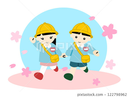 Kindergarten boys and girls walking among cherry blossoms 122798962