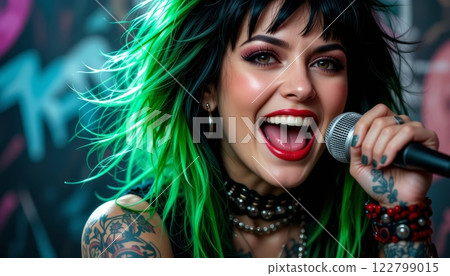 Vibrant Punk Rock Singer with Tattoos and black-green Hair Performing Joyfully Vibrant Punk Rock Singer with Tattoos and black-green Hair Performing Joyfully 122799015