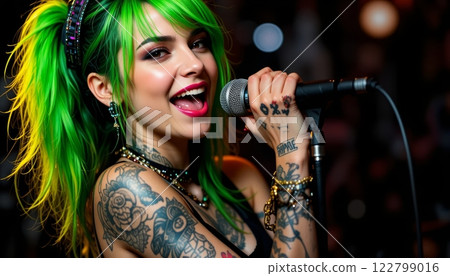 Vibrant Punk Rock Singer with Tattoos and black-green Hair Performing Joyfully 122799016