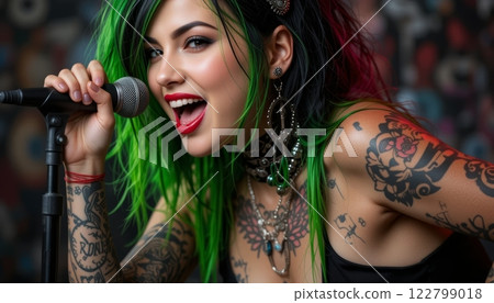 Vibrant Punk Rock Singer with Tattoos and black-green Hair Performing Joyfully 122799018