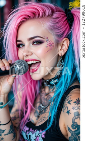 Vibrant Punk Rock Singer with Tattoos and Blue-Pink Hair Performing Joyfully Vibrant Punk Rock Singer with Tattoos and Blue-Pink Hair Performing Joyfully 122799019