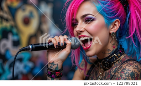 Vibrant Punk Rock Singer with Tattoos and Blue-Pink Hair Performing Joyfully 122799021