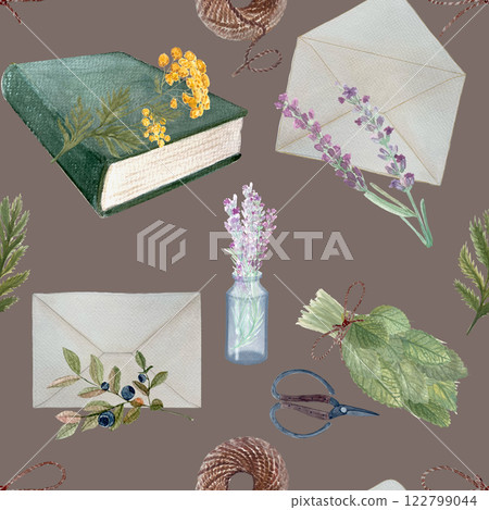 Blue tansy, herbs, scissors, jute rope, book and envelope watercolor seamless pattern isolated on white. Hand painted high quality art great for wrapping paper, packages, herbal production, store 122799044