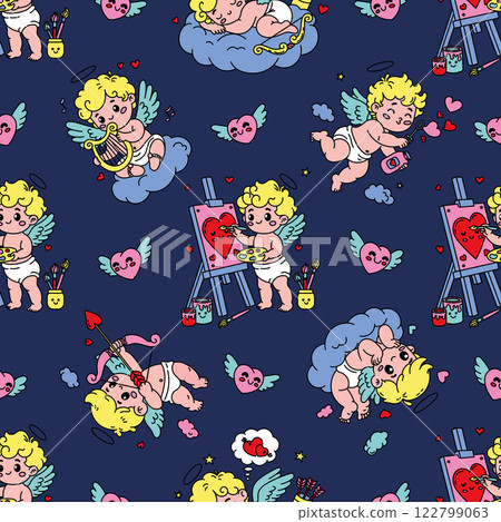 Seamless Valentine's Day pattern with adorable cupids playing harp, painting, shooting arrows, and blowing heart bubbles 122799063