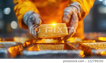 Molding industrial concept. Foundry Worker Inspecting Freshly Cast Metal Part in Industrial Setting Molding industrial concept. Foundry Worker Inspecting Freshly Cast Metal Part in Industrial Setting 122799192