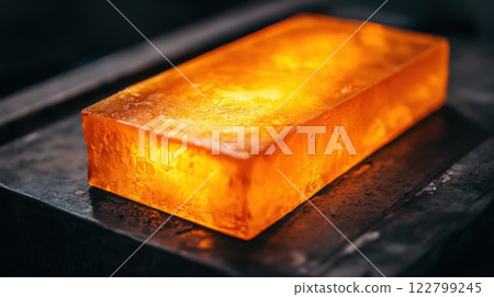 Molding industrial concept. Glowing Molten Glass Pressed into Captivating Abstract Texture 122799245