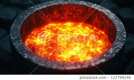 Molding industrial concept. Glowing Molten Metal Swirling Inside an Industrial Furnace Mold 122799246