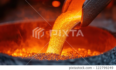 Molding industrial concept. Glowing Molten Steel Being Shaped in an Industrial Workshop 122799249